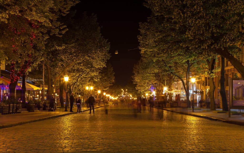 Street at night. Blurry people walking